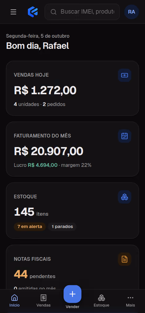 Painel no celular, modo escuro